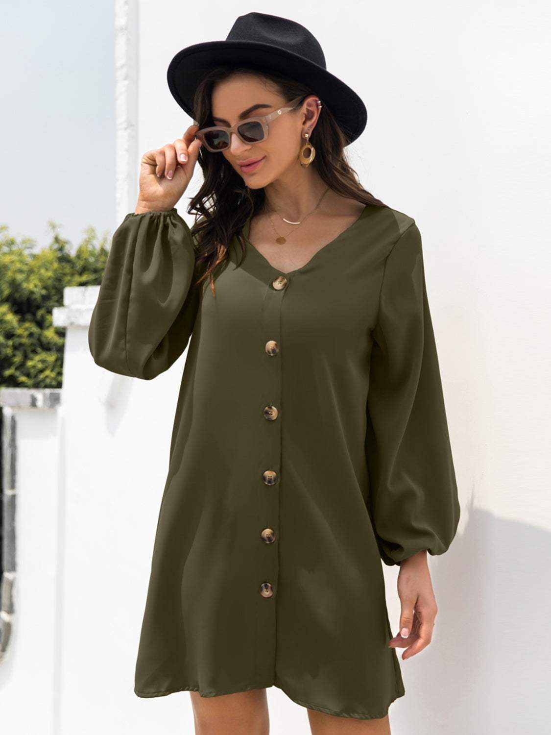 V-Neck Long Sleeve Mini Dress - Trendsi - Flyclothing LLC