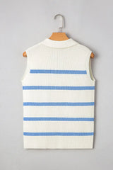 Stripe Split V Neck Collared Ribbed Sweater Vest - Trendsi - Flyclothing LLC