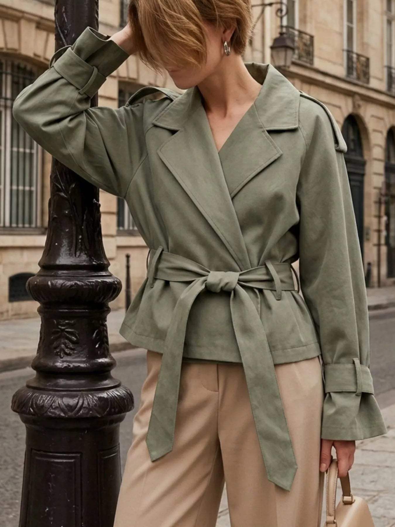 Lapel Collar Belted Cropped Trench - Trendsi - Flyclothing LLC