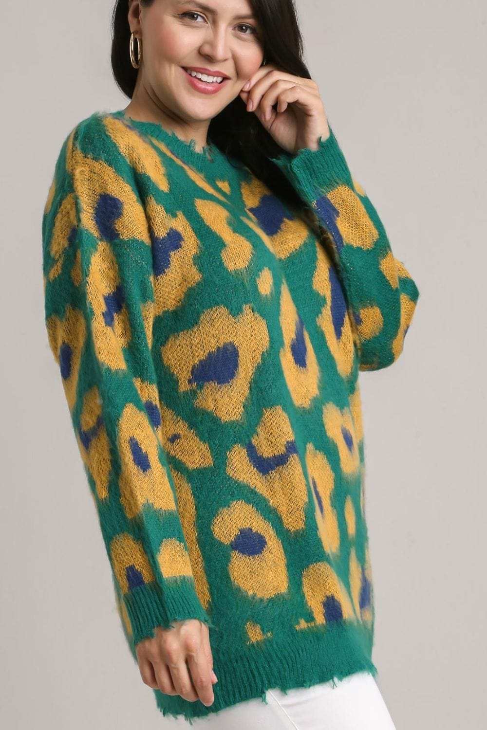 Umgee Full Size Leopard Destroyed Rib Band Sweater Plus Size - Trendsi - Flyclothing LLC