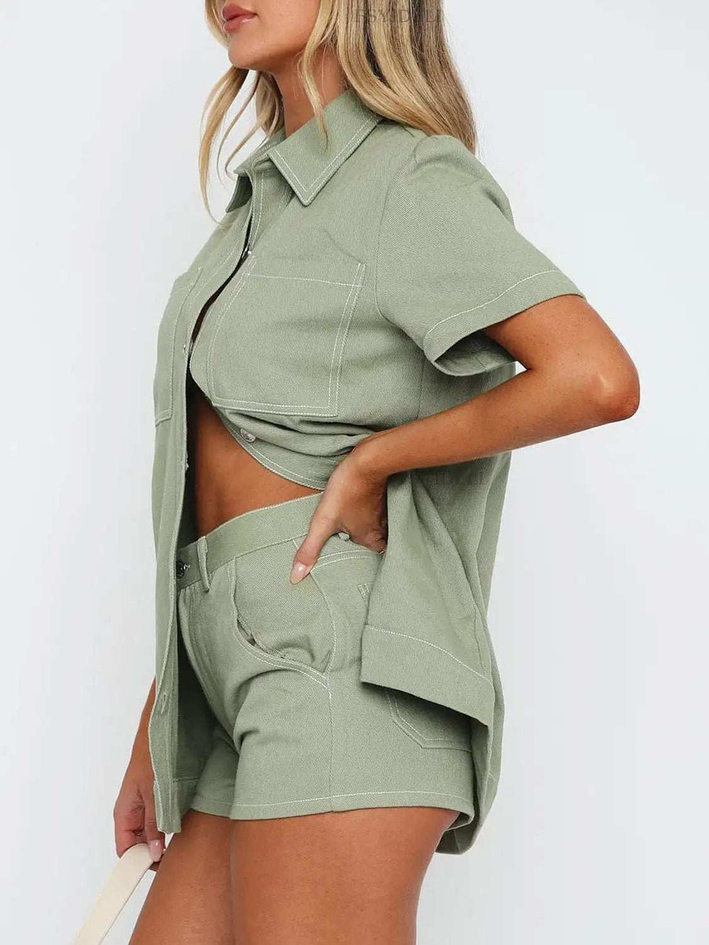 Pocketed Button Up Top and Shorts Set - Trendsi - Flyclothing LLC