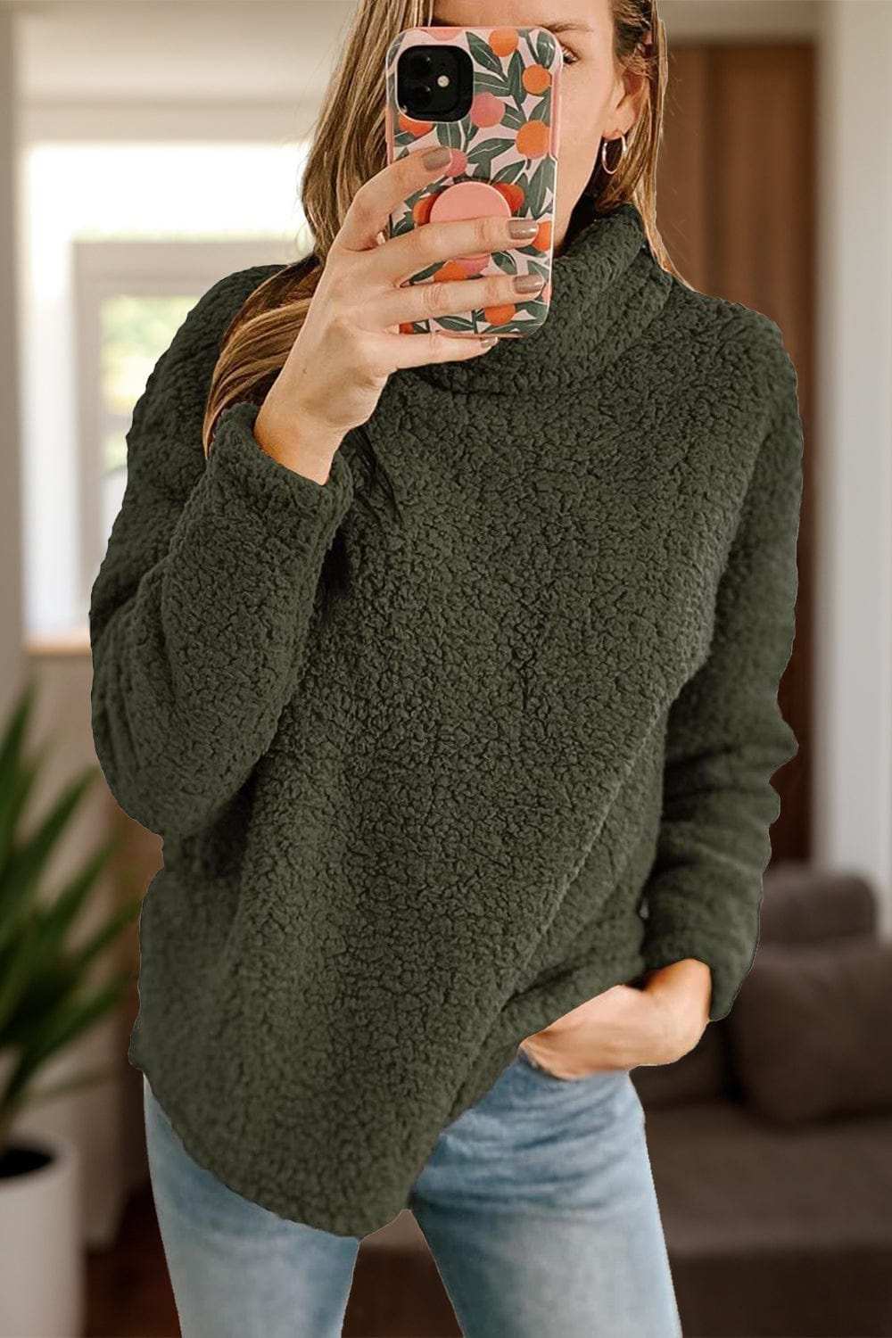 Fuzzy Turtleneck Long Sleeve Sweatshirt - Trendsi - Flyclothing LLC