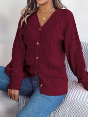 Cable-Knit Long Sleeve Cardigan - Trendsi