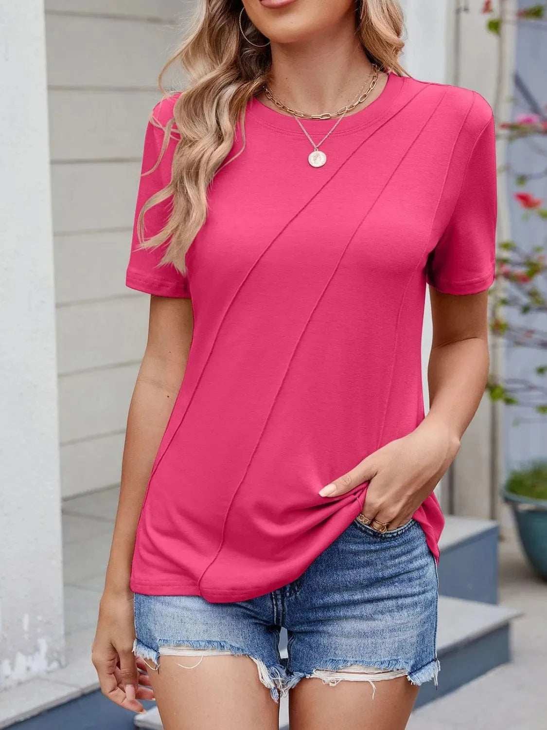 Round Neck Short Sleeve T-Shirt - Trendsi - Flyclothing LLC
