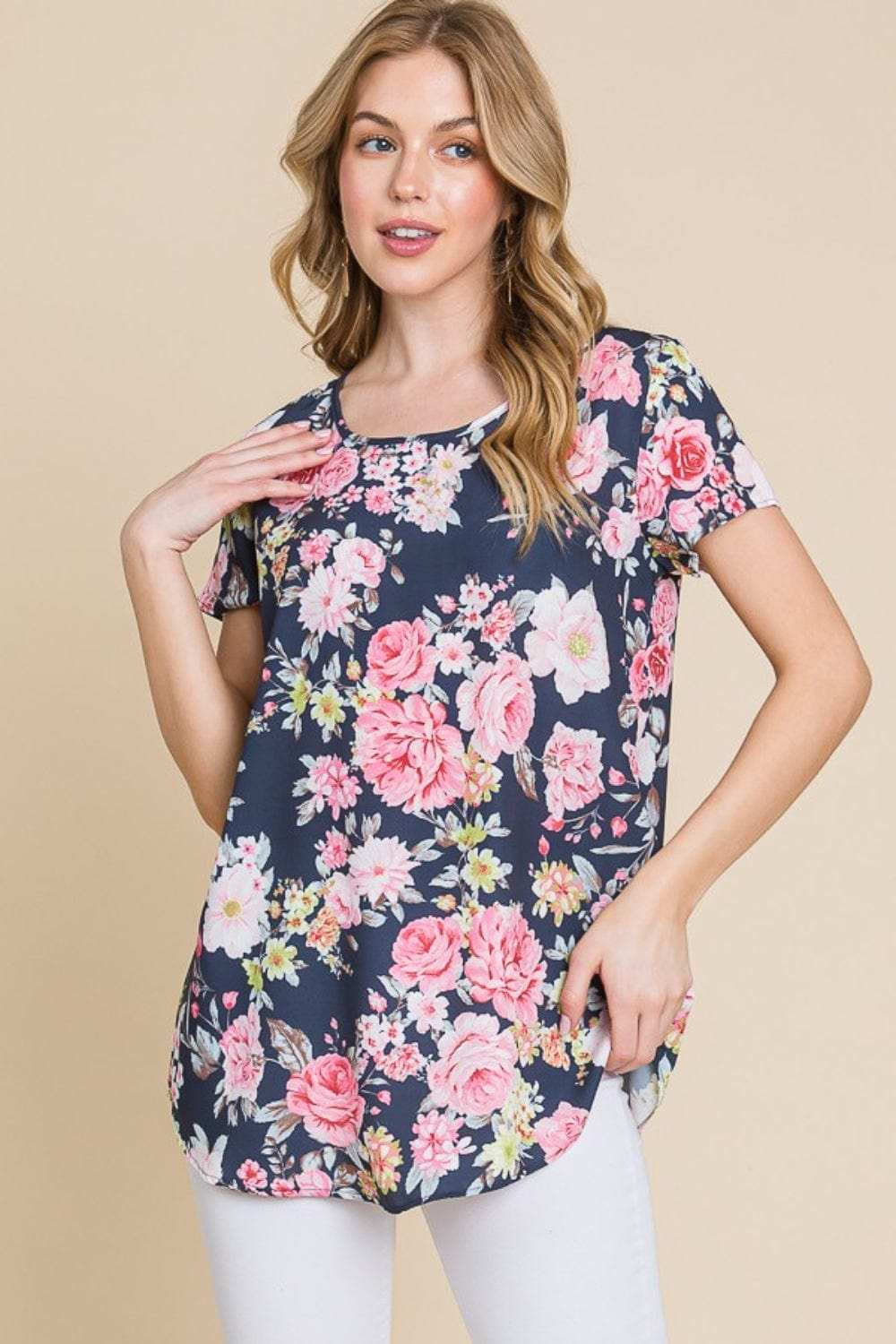 BOMBOM Floral Round Neck Short Sleeve T-Shirt - Trendsi - Flyclothing LLC
