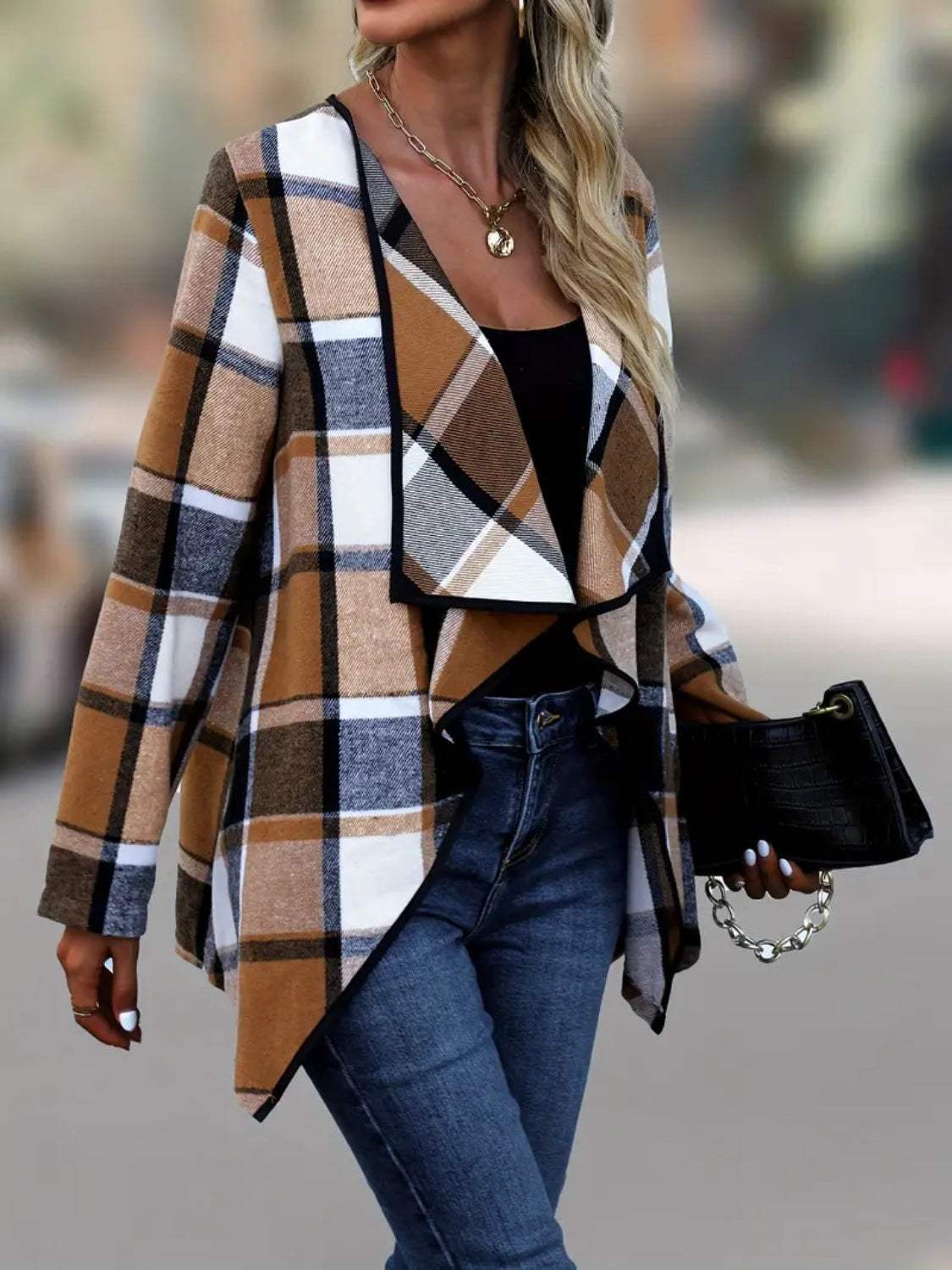 Plaid Open Front Long Sleeve Jacket - Trendsi - Flyclothing LLC