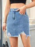 Distressed Raw Hem Denim Skirt - Trendsi