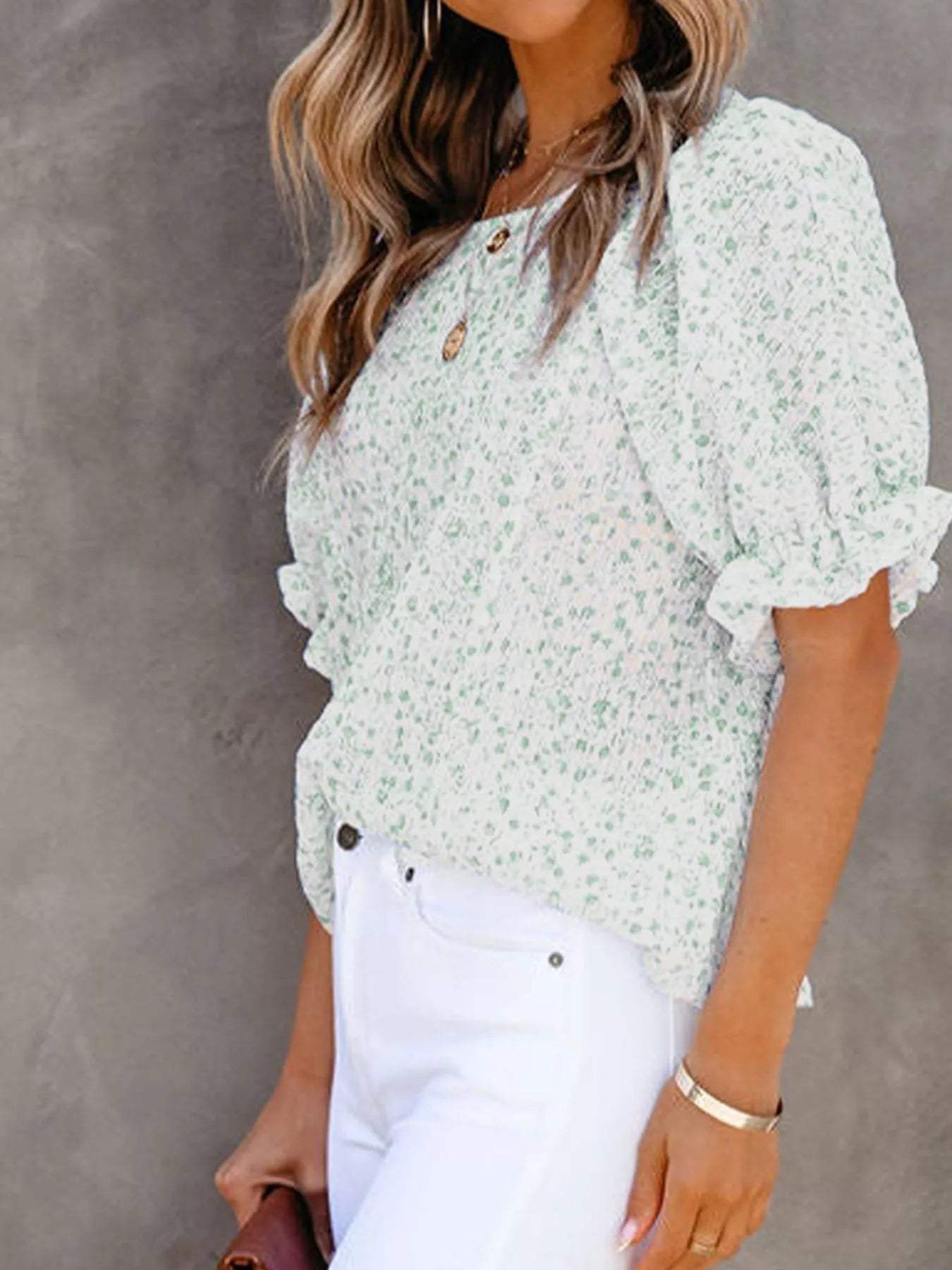 Full Size Floral Print Ruffle Sleeve Blouse Plus Size - Trendsi - Flyclothing LLC
