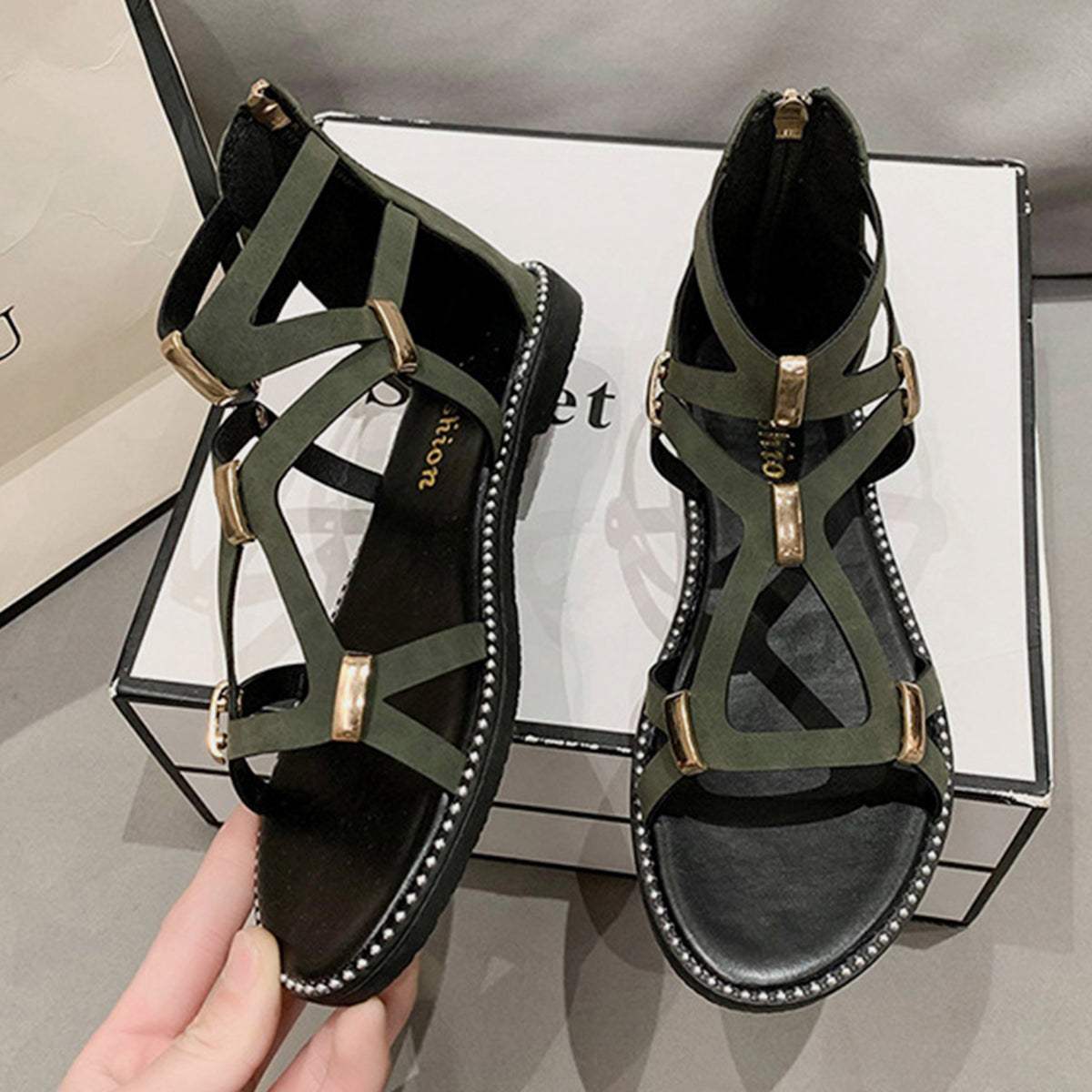Open Toe Back Zipper Flat Sandals - Trendsi - Flyclothing LLC