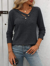 Ribbed V-Neck Long Sleeve T-Shirt - Trendsi - Flyclothing LLC