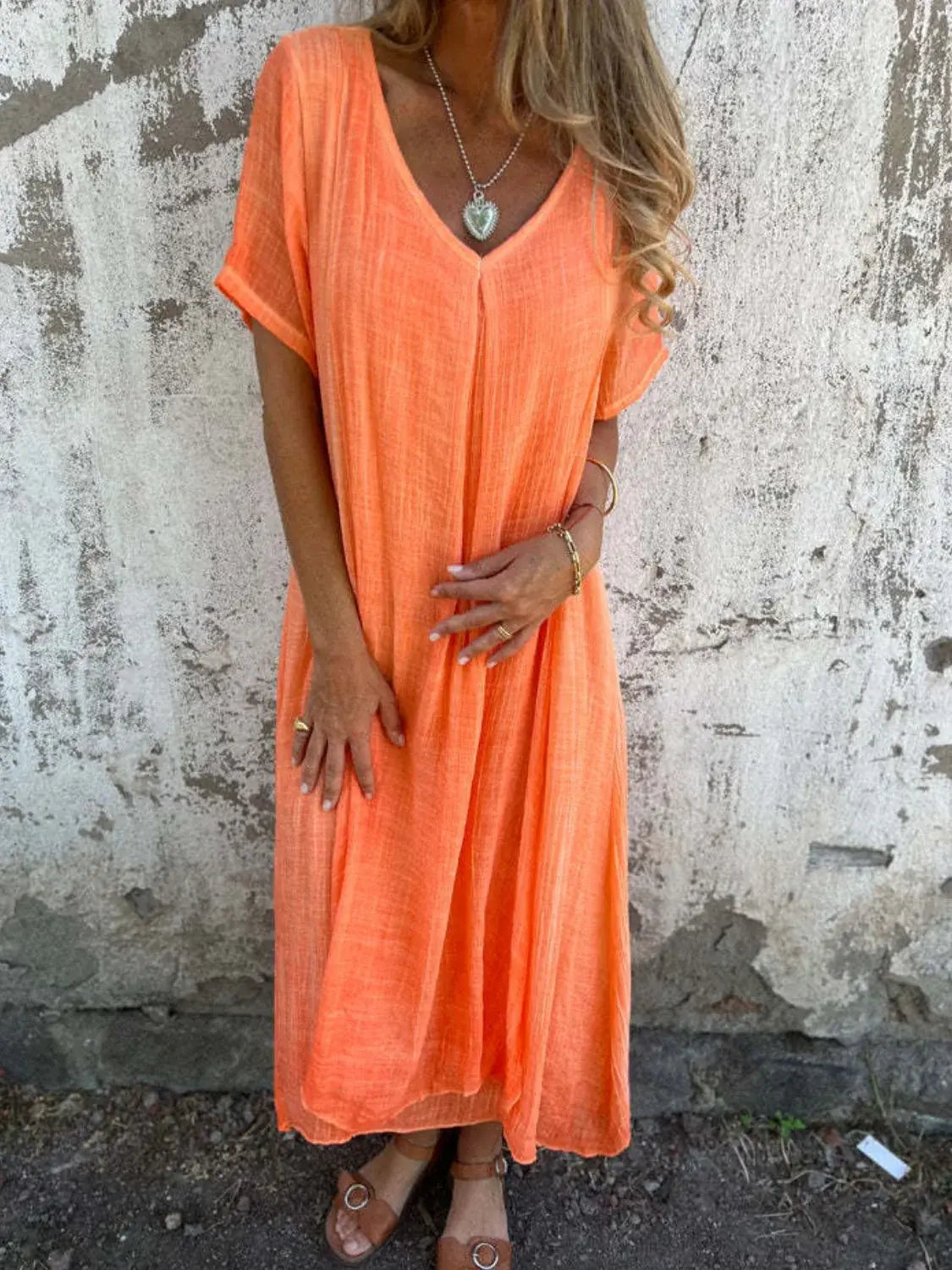 Full Size V-Neck Short Sleeve Midi Dress Plus Size - Trendsi - Flyclothing LLC