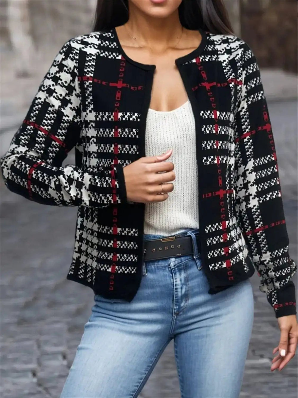 Plaid Open Front Long Sleeve Jacket - Trendsi