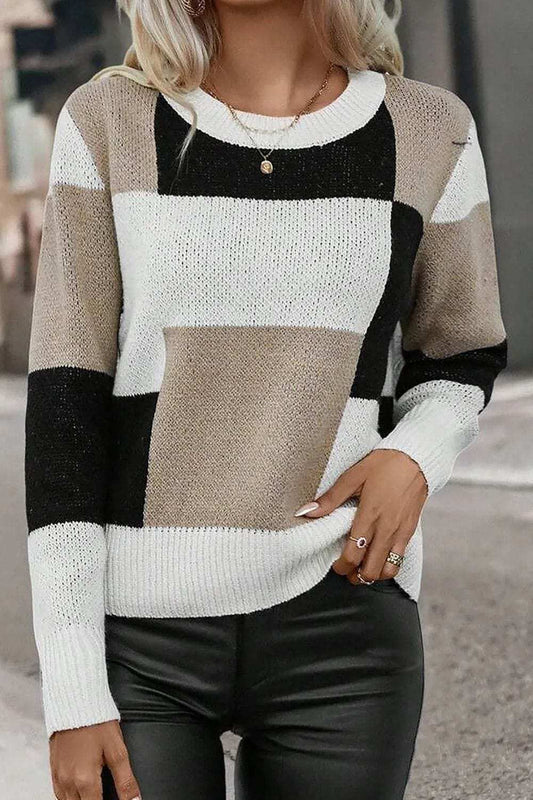 Color Block Round Neck Long Sleeve Sweater - Trendsi - Flyclothing LLC