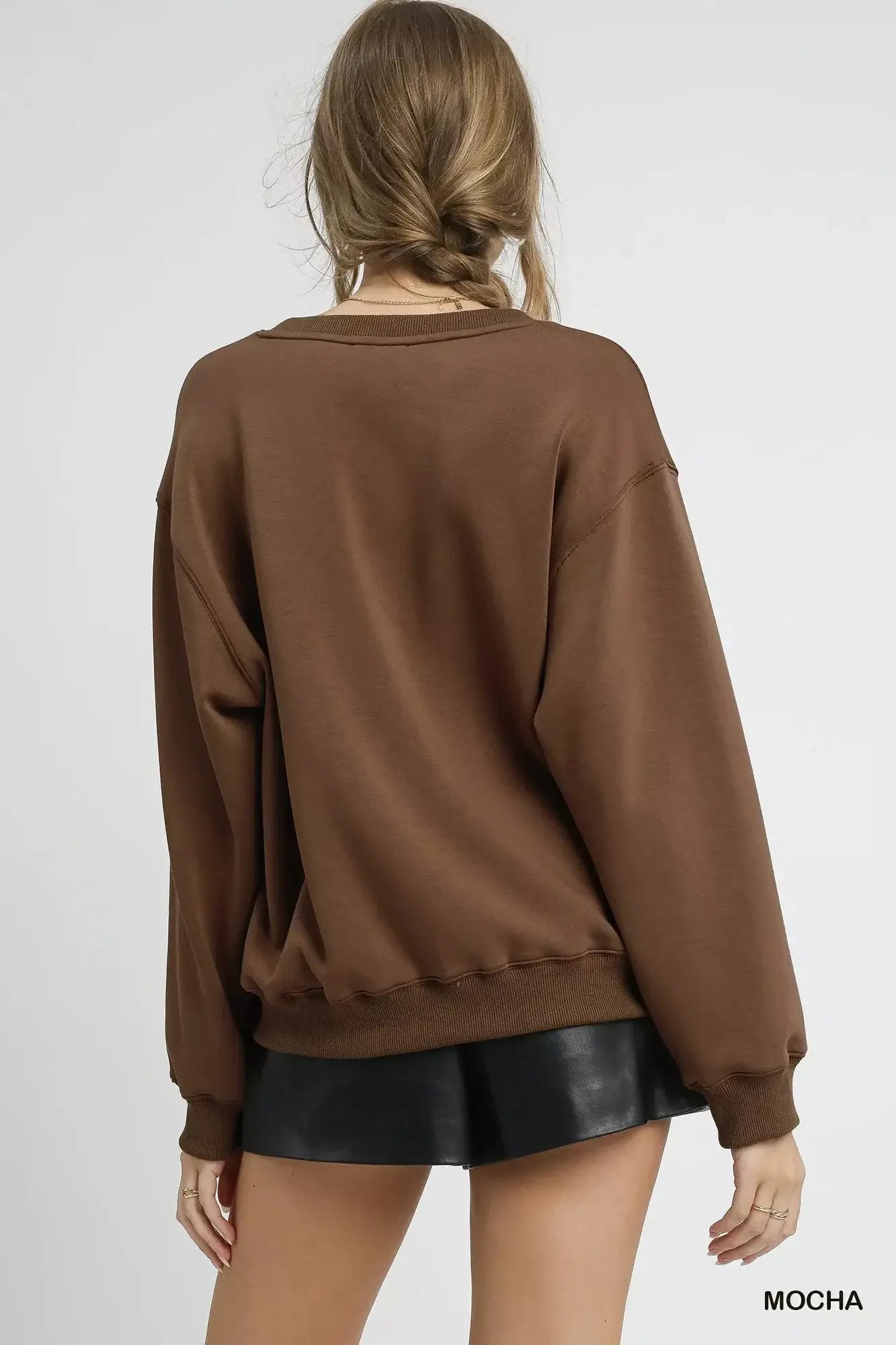 Umgee Round Neck Long Sleeve Fleece Sweatshirt - Trendsi - Flyclothing LLC