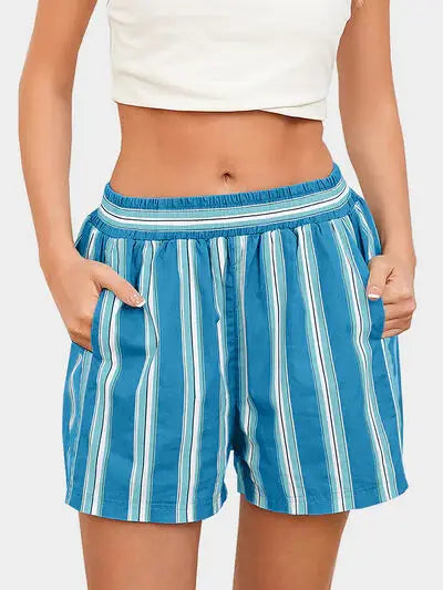 Striped Elastic Waist Shorts - Trendsi - Flyclothing LLC