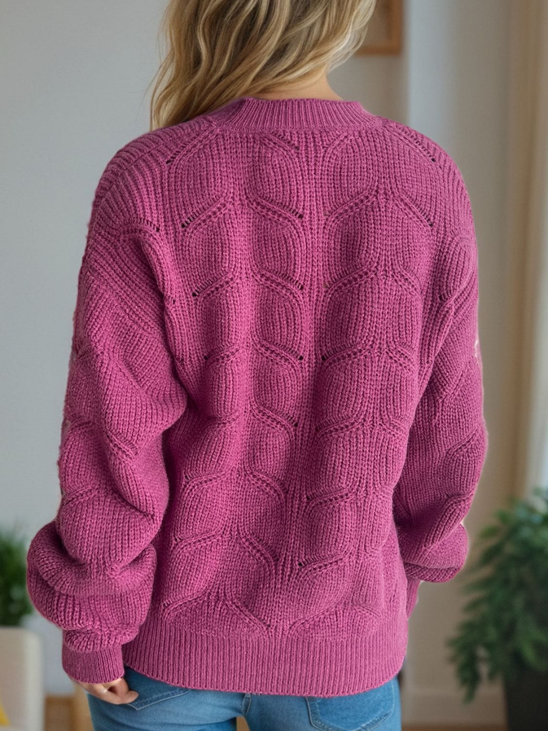 Openwork Round Neck Dropped Shoulder Sweater - Trendsi