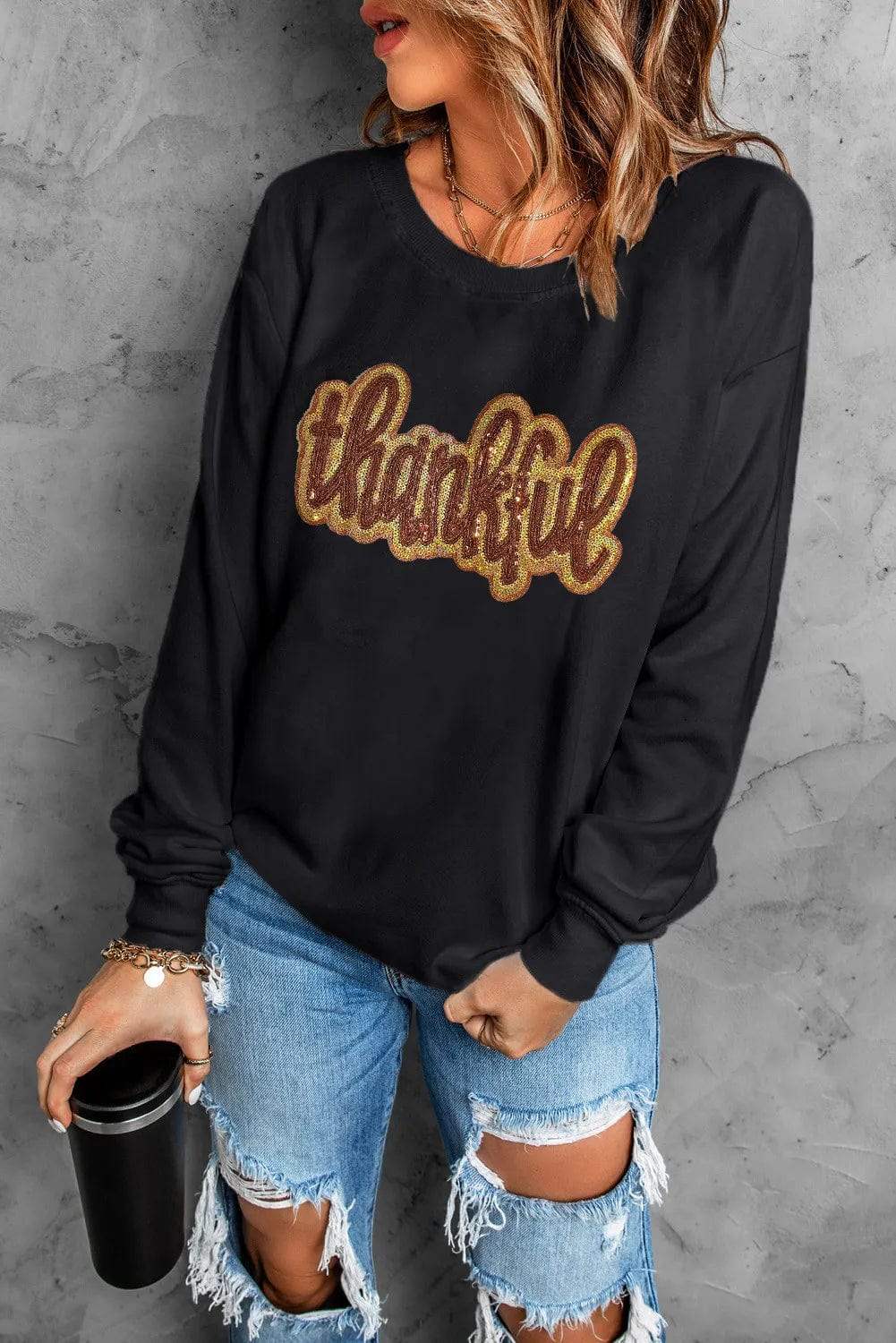THANKFUL Round Neck Long Sleeve Sweatshirt - Trendsi - Flyclothing LLC