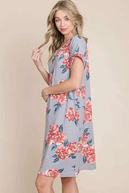 BOMBOM Floral Round Neck Short Tee Dress with Pockets - Trendsi - Flyclothing LLC