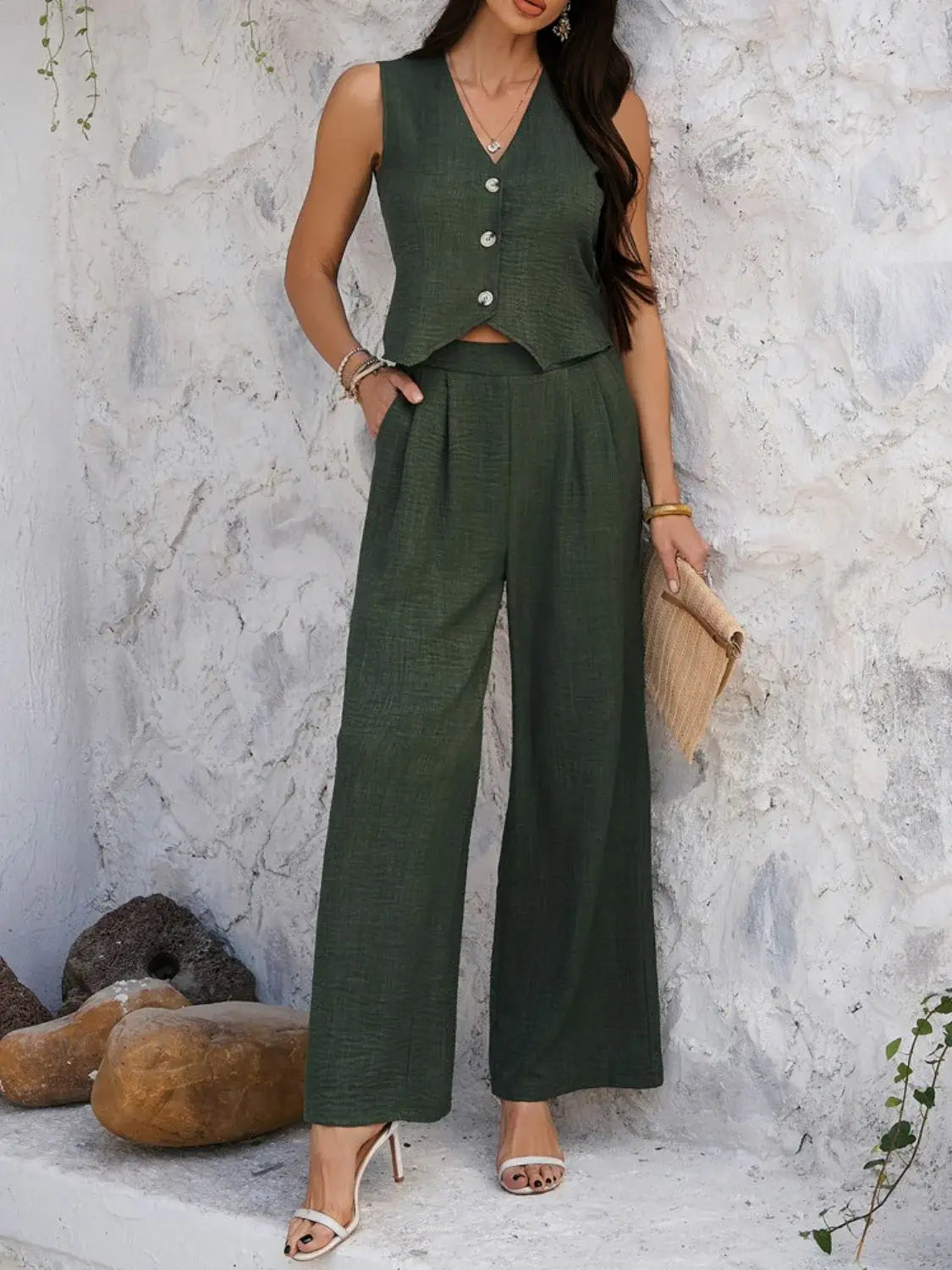 Devine Button Down Vest and Wide Leg Pants Set - Trendsi - Flyclothing LLC
