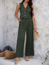 Devine Button Down Vest and Wide Leg Pants Set - Trendsi - Flyclothing LLC
