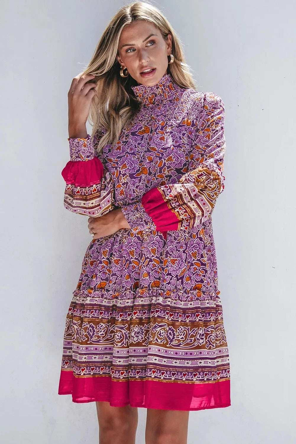 Smocked Floral Turtleneck Long Sleeve Dress - Trendsi - Flyclothing LLC
