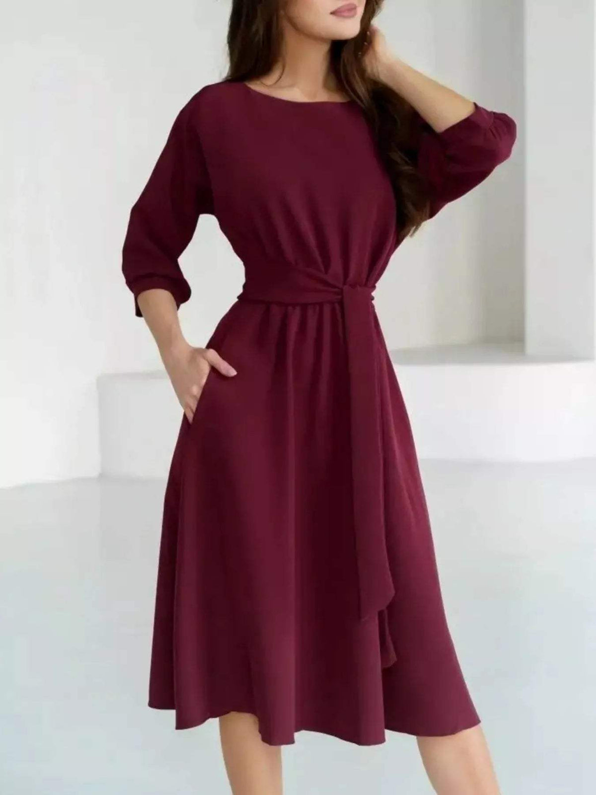 Elegant Belted Waist Midi Dress - Trendsi - Flyclothing LLC