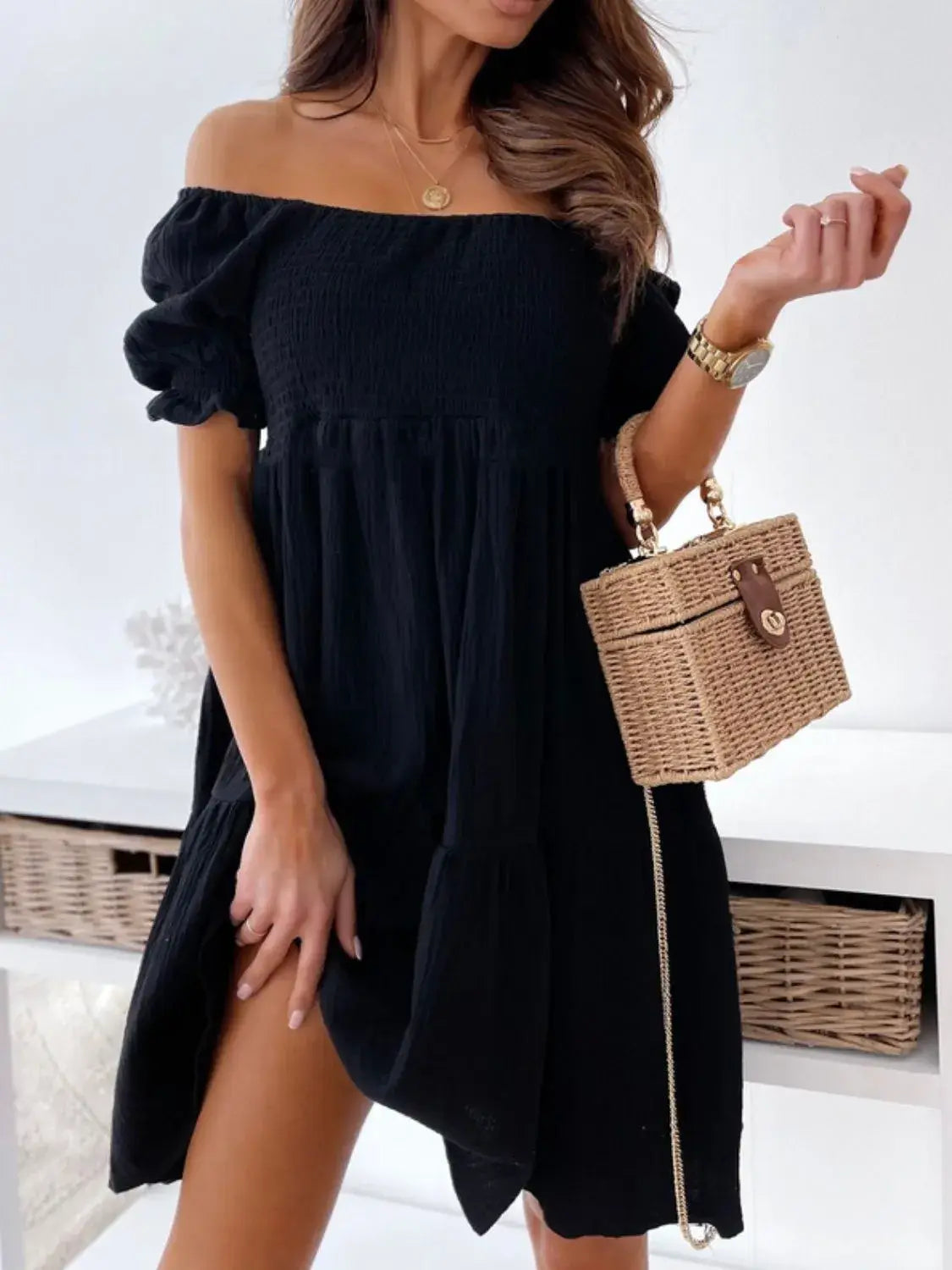 Smocked Off-Shoulder Mini Dress - Trendsi - Flyclothing LLC