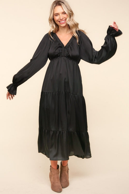 Haptics Flounce Sleeve Tiered Midi Dress with Pockets - Trendsi