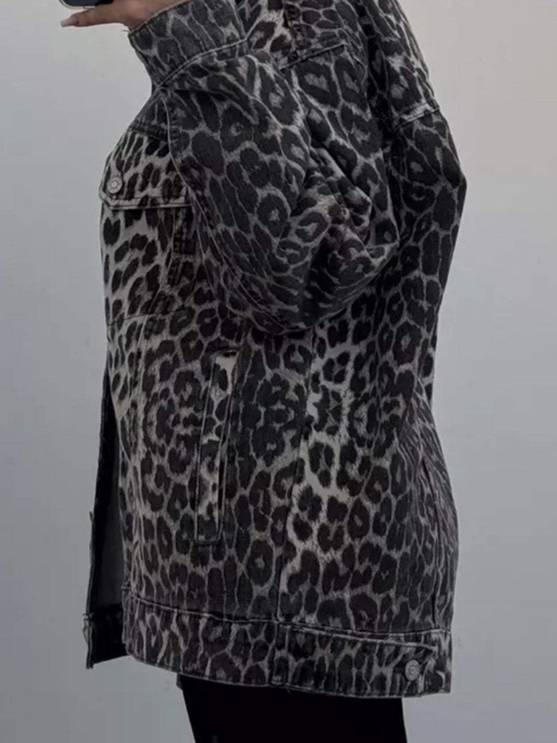 Leopard Button Up Long Sleeve Denim Top - Trendsi - Flyclothing LLC