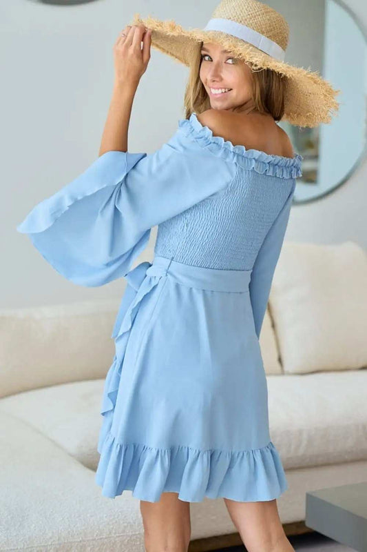 BiBi Smocked Ruffled Front Tie Mini Dress - Trendsi - Flyclothing LLC