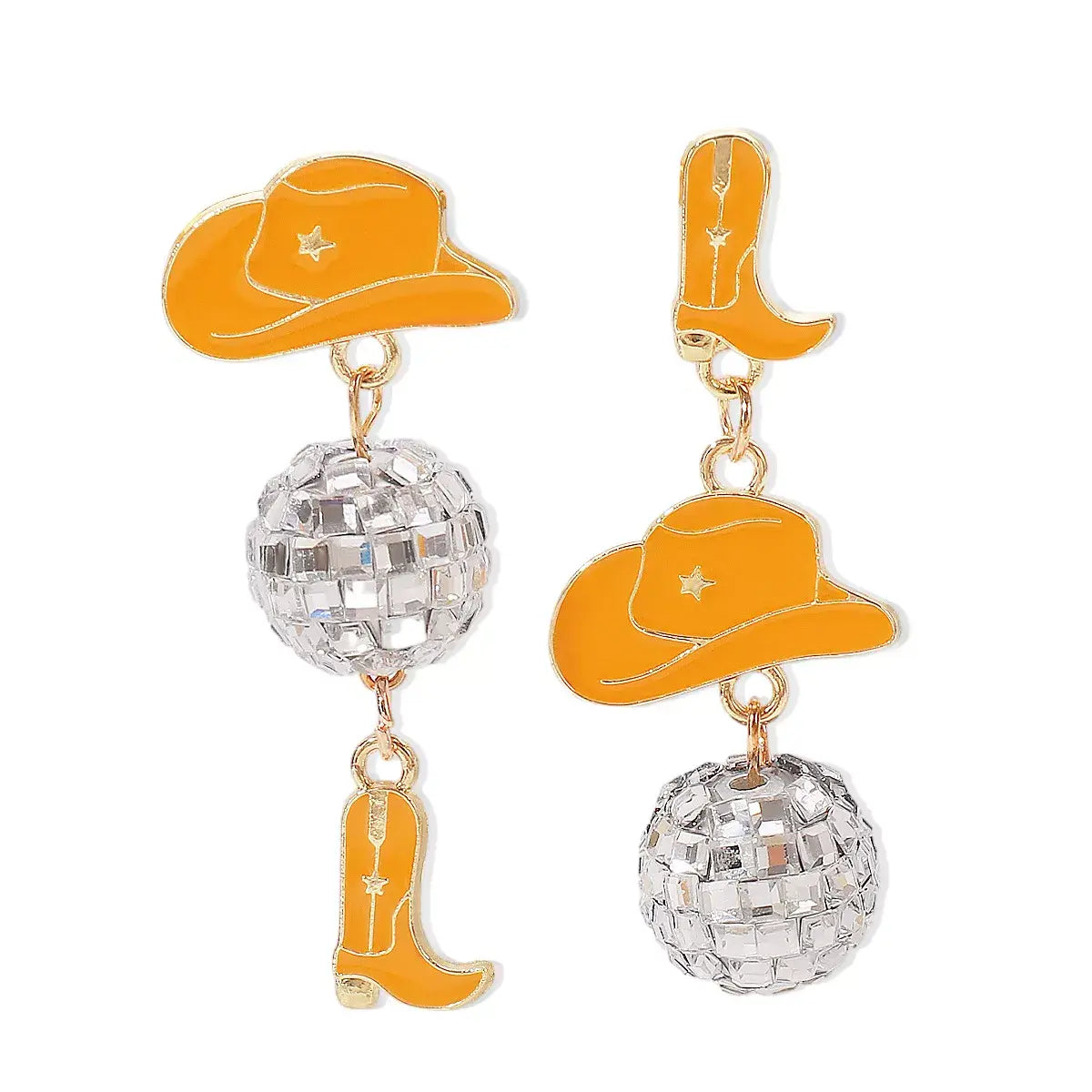 Asymmetrical Cowgirl Boot Hat Ball Dangle Earrings - Trendsi - Flyclothing LLC