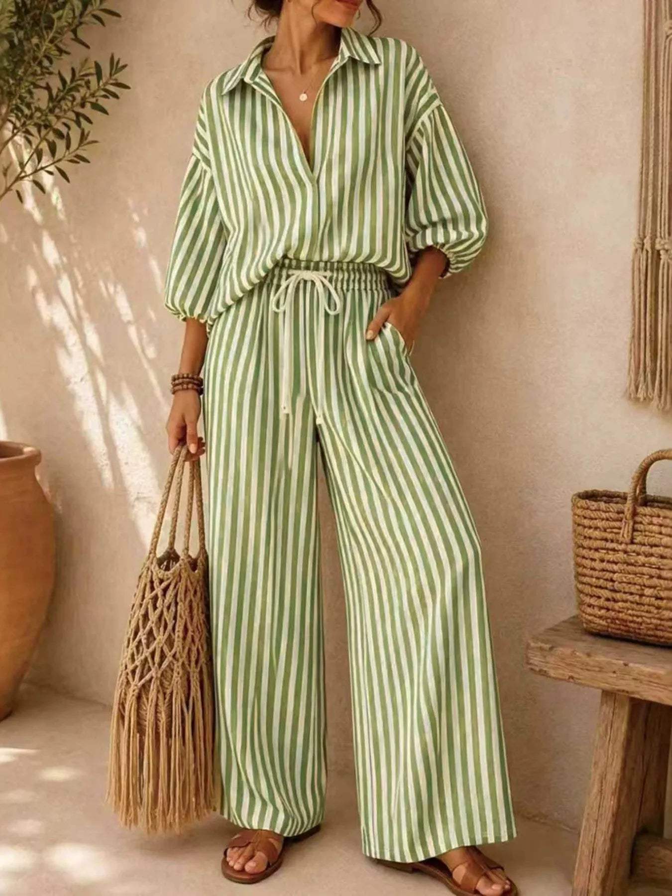 Full Size Striped Puff Sleeve Shirt and Wide-Leg Drawstring Pants Set Plus Size - Trendsi - Flyclothing LLC