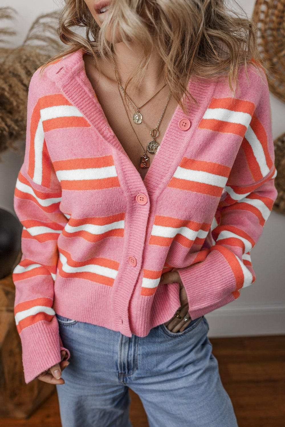 Striped Button Down Long Sleeve Cardigan - Trendsi - Flyclothing LLC