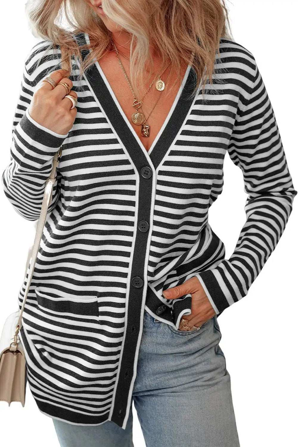 Striped Open Front Long Sleeve Cardigan - Trendsi - Flyclothing LLC