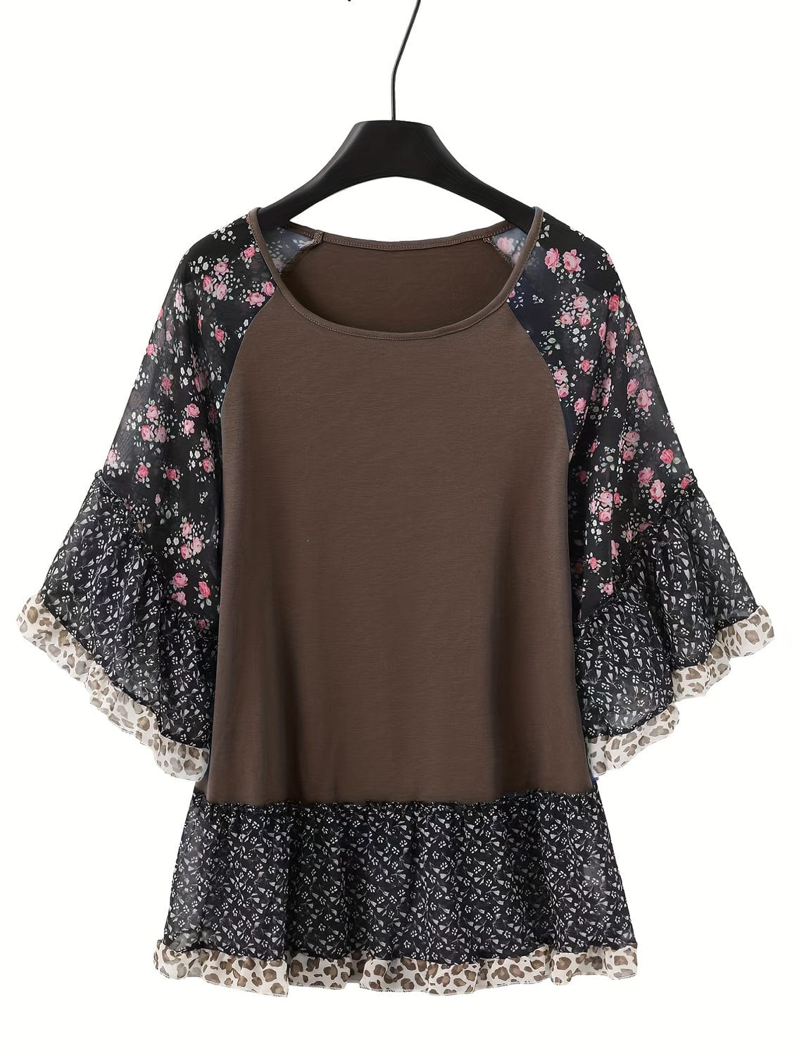 Full Size Frill Printed Round Neck Half Sleeve Blouse - Trendsi