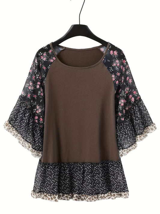 Full Size Frill Printed Round Neck Half Sleeve Blouse - Trendsi