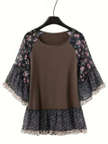 Full Size Frill Printed Round Neck Half Sleeve Blouse - Trendsi - Flyclothing LLC