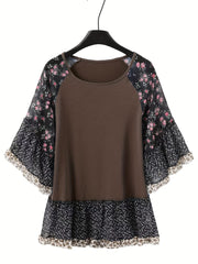 Full Size Frill Printed Round Neck Half Sleeve Blouse - Trendsi