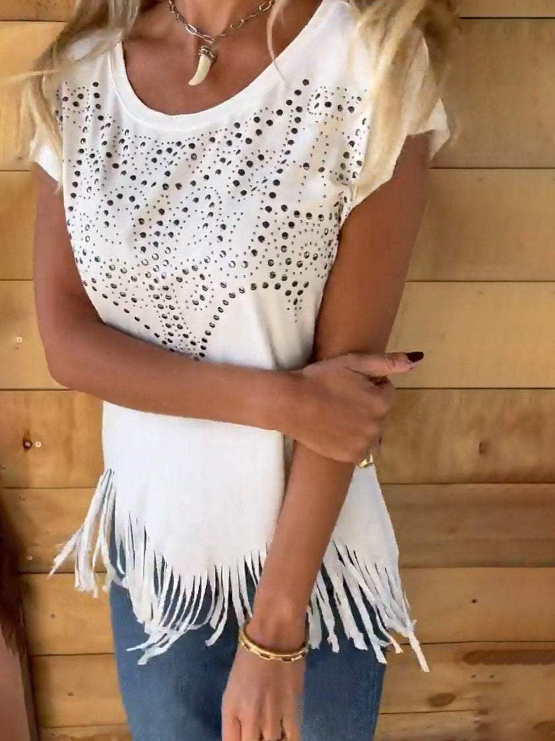 Studded Fringe Round Neck Cap Sleeve T-Shirt - Trendsi - Flyclothing LLC