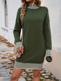 Striped Mock Neck Long Sleeve Sweater Dress - Trendsi - Flyclothing LLC