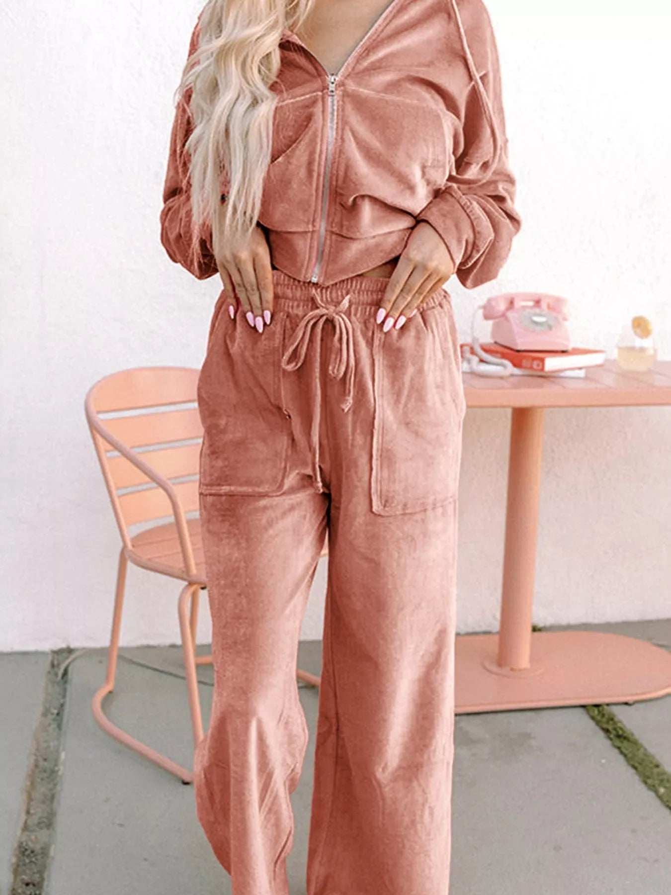 Zip Up Dropped Shoulder Hooded Top and Pants Set - Trendsi - Flyclothing LLC