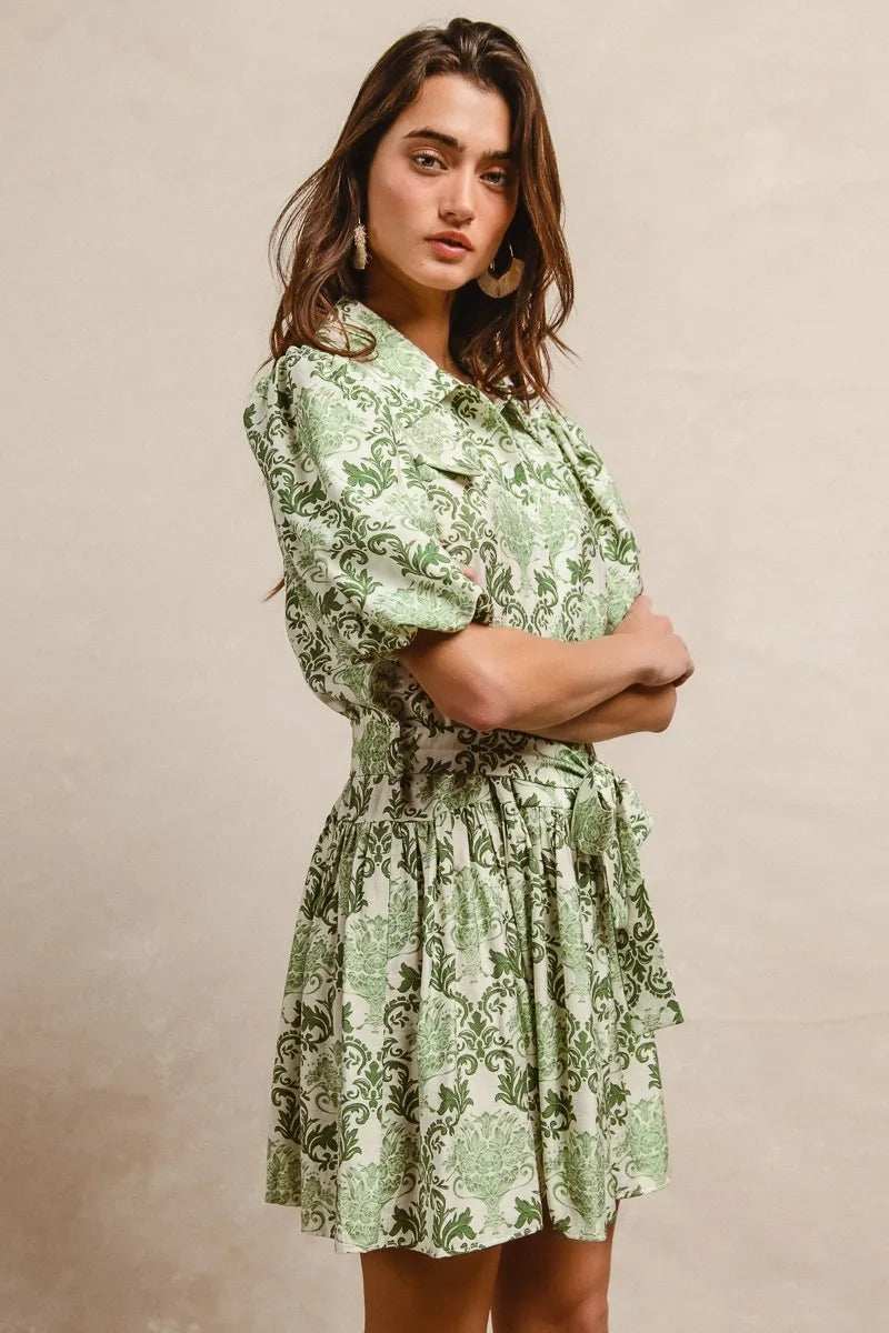 BiBi Tied Floral Short Sleeve Mini Shirt Dress - Trendsi - Flyclothing LLC