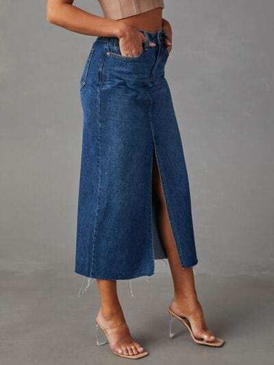 Raw Hem Front Slit Denim Midi Skirt - Trendsi - Flyclothing LLC