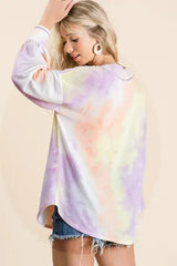 BiBi Tie Dye French Terry V-Neck Top with Puff Sleeves - Trendsi - Flyclothing LLC