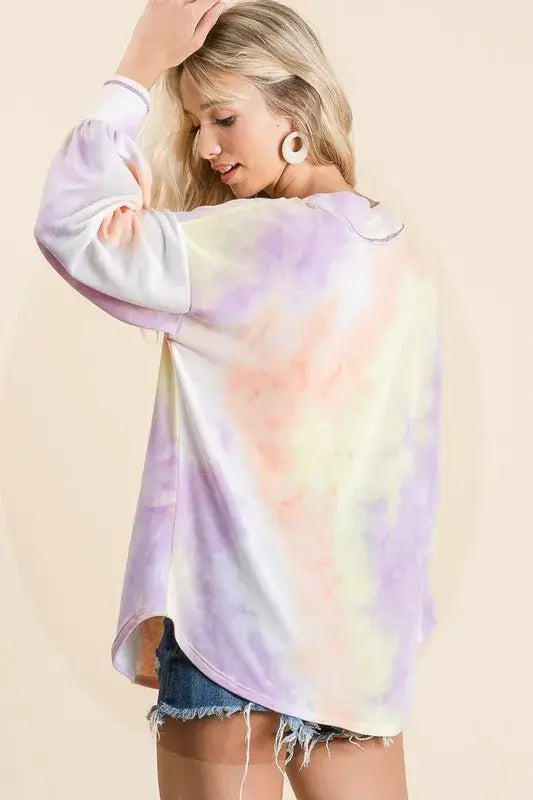 BiBi Tie Dye French Terry V-Neck Top with Puff Sleeves - Trendsi - Flyclothing LLC