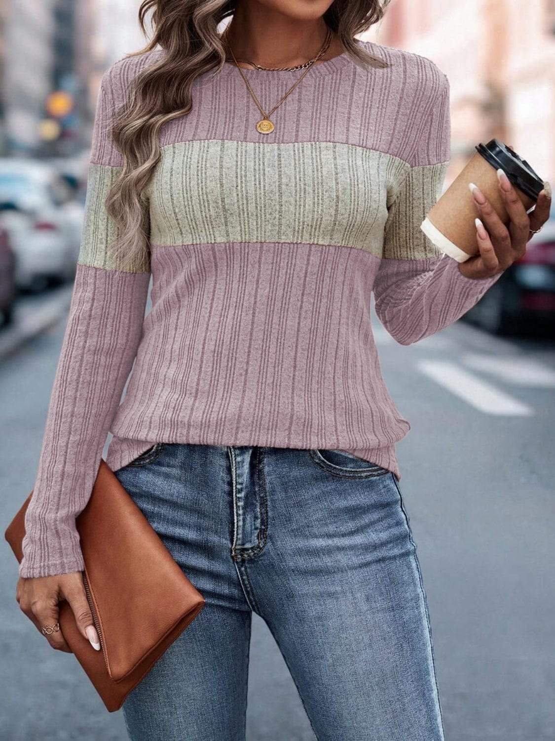 Color Block Round Neck Long Sleeve Top - Trendsi - Flyclothing LLC