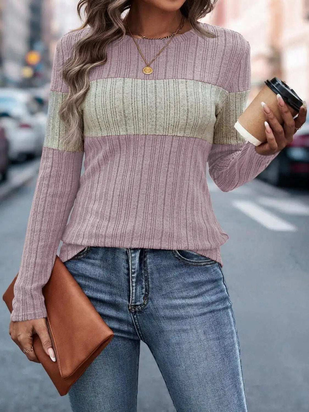 Color Block Round Neck Long Sleeve Top - Trendsi - Flyclothing LLC