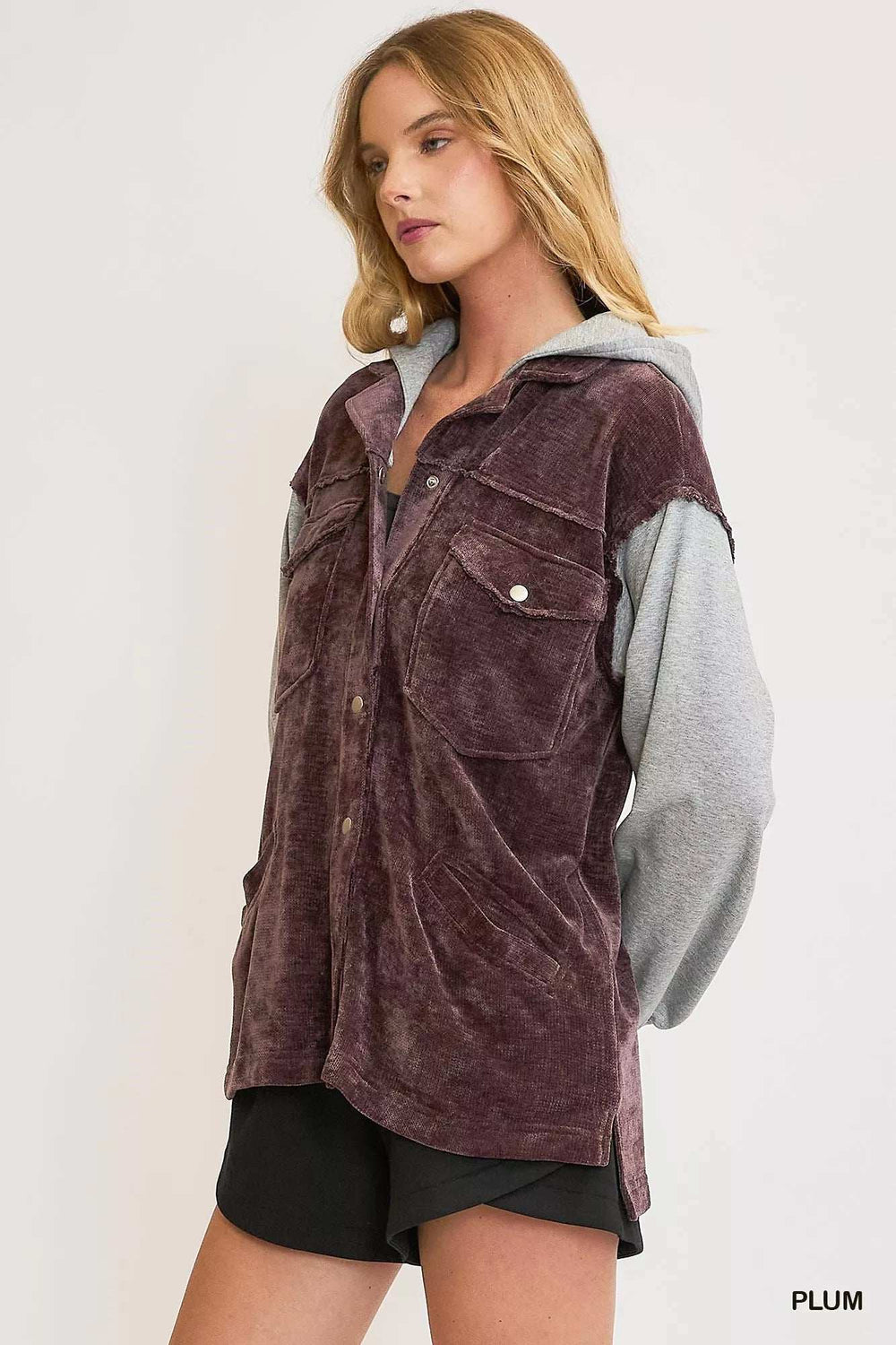 Umgee Contrast Hooded Chenille Jacket - Trendsi - Flyclothing LLC