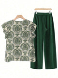 Printed Ruffled Cap Sleeve Top and Pants Set - Trendsi - Flyclothing LLC