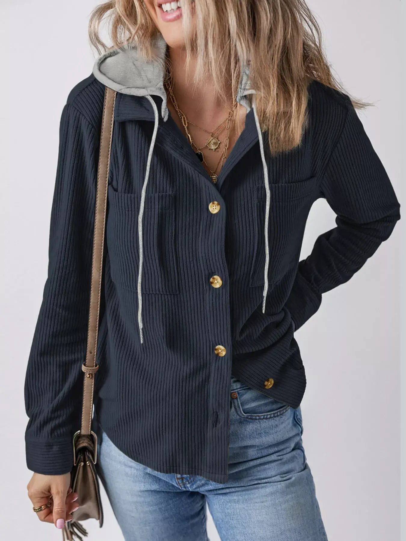 Hooded Corduroy Button-Down Jacket - Trendsi - Flyclothing LLC